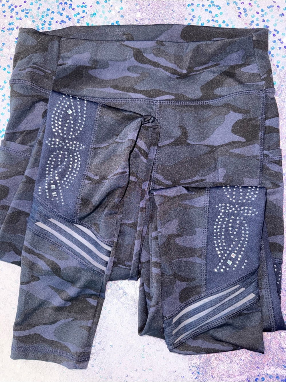 2561-Kathmandu Women's Black and Navy Camouflage Leggings with Rhinestone Panels
